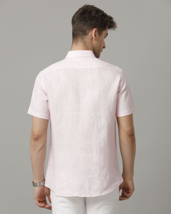 Linen Club Men's Pure Linen Pink Solid Contemporary fit Half Sleeve Casual Shirt