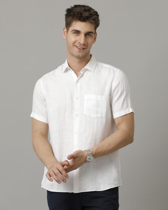 Linen Club Men's Pure Linen White Solid Contemporary fit Half Sleeve Casual Shirt