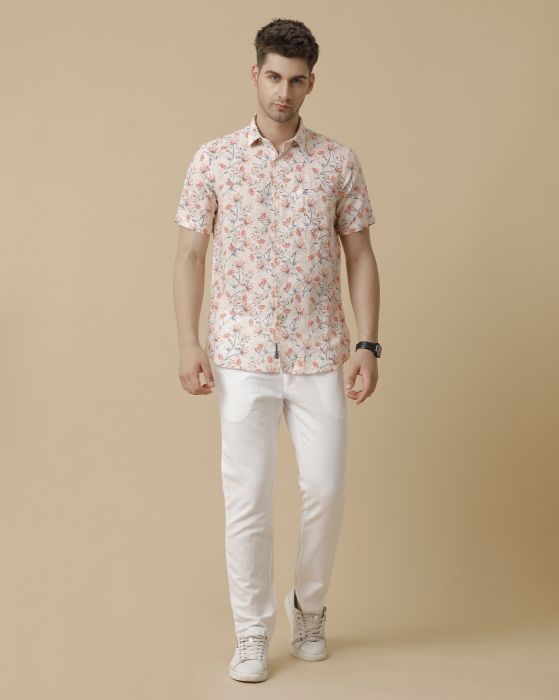 Linen Club Men's Linen Rich Orange Printed Contemporary fit Half Sleeve Casual Shirt