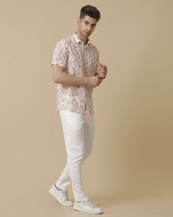 Linen Club Men's Linen Rich Orange Printed Contemporary fit Half Sleeve Casual Shirt