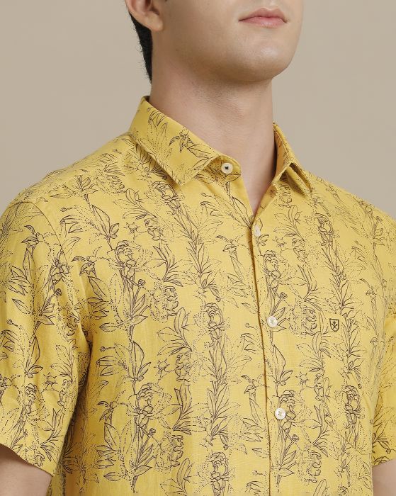 Linen Club Men's Pure Linen Yellow Printed Regular Fit Half Sleeve Casual Shirt