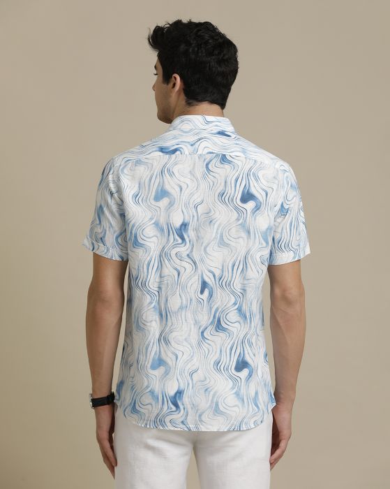 Linen Club Men's Pure Linen Blue Printed Regular Fit Half Sleeve Casual Shirt