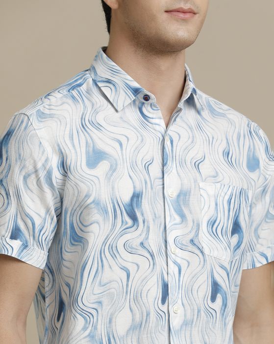 Linen Club Men's Pure Linen Blue Printed Regular Fit Half Sleeve Casual Shirt