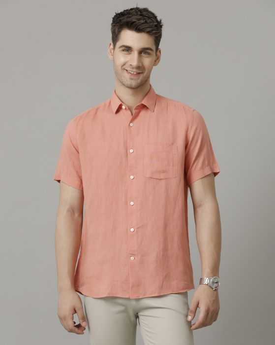 Linen Club Men's Pure Linen Red Solid Contemporary fit Half Sleeve Casual Shirt