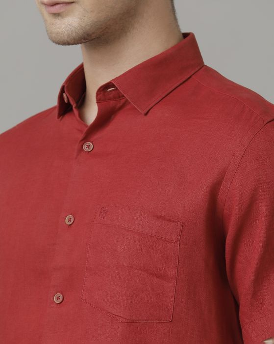 Linen Club Men's Pure Linen Red Solid Contemporary fit Half Sleeve Casual Shirt