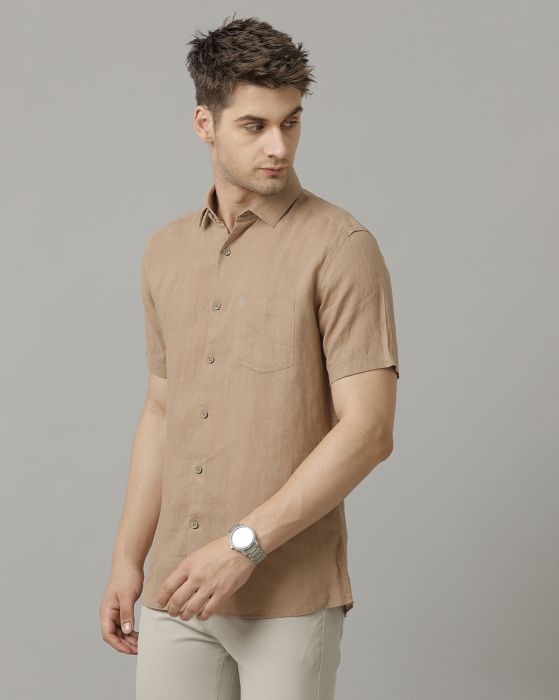 Linen Club Men's Pure Linen Brown Solid Contemporary fit Half Sleeve Casual Shirt