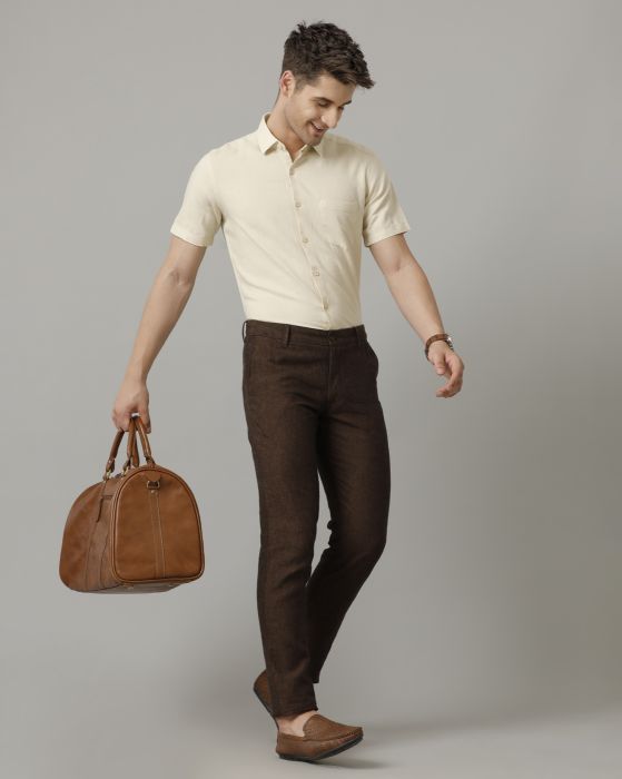 Linen Club Men's Pure Linen Beige Solid Contemporary fit Half Sleeve Casual Shirt