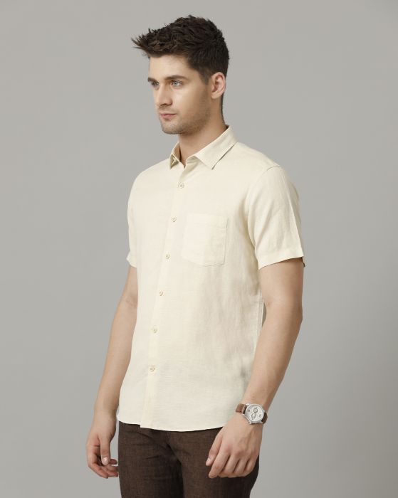 Linen Club Men's Pure Linen Beige Solid Contemporary fit Half Sleeve Casual Shirt