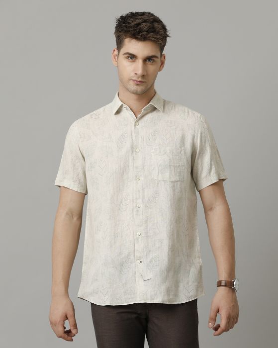Linen Club Men's Pure Linen Beige Printed Contemporary fit Half Sleeve Casual Shirt