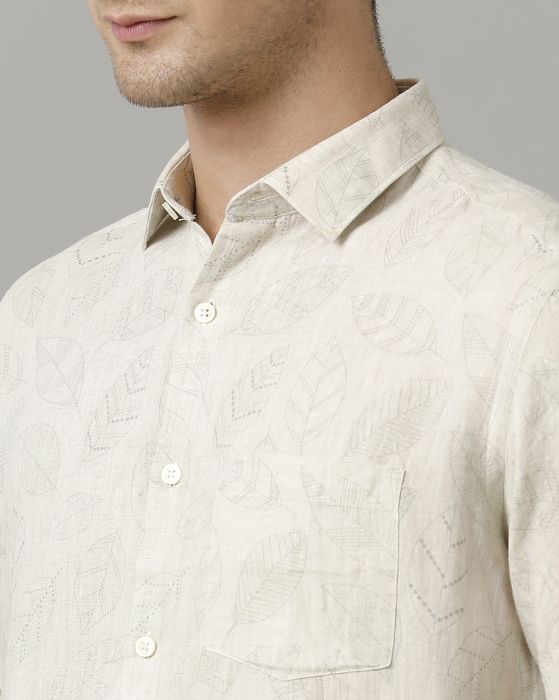 Linen Club Men's Pure Linen Beige Printed Contemporary fit Half Sleeve Casual Shirt