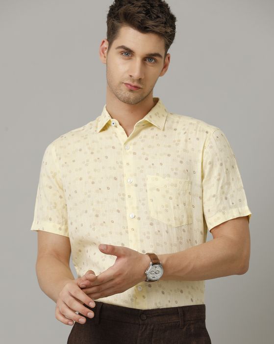 Linen Club Men's Pure Linen Yellow Printed Contemporary fit Half Sleeve Casual Shirt