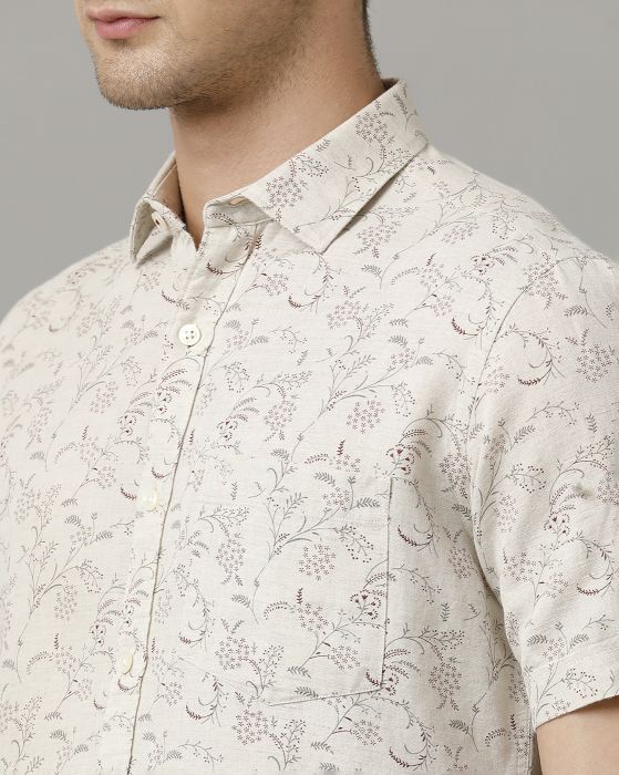 Linen Club Men's Linen Rich Beige Printed Contemporary fit Half Sleeve Casual Shirt