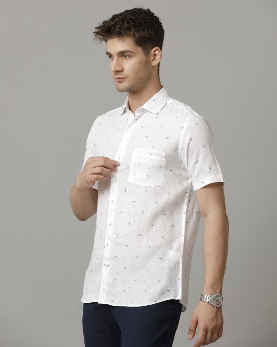 Linen Club Men's Pure Linen White Printed Contemporary fit Half Sleeve Casual Shirt
