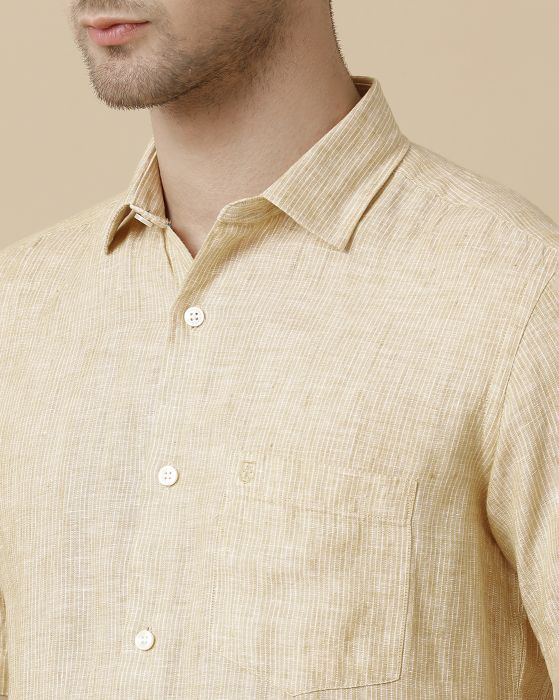Linen Club Men's Pure Linen Yellow Striped Contemporary fit Half Sleeve Casual Shirt