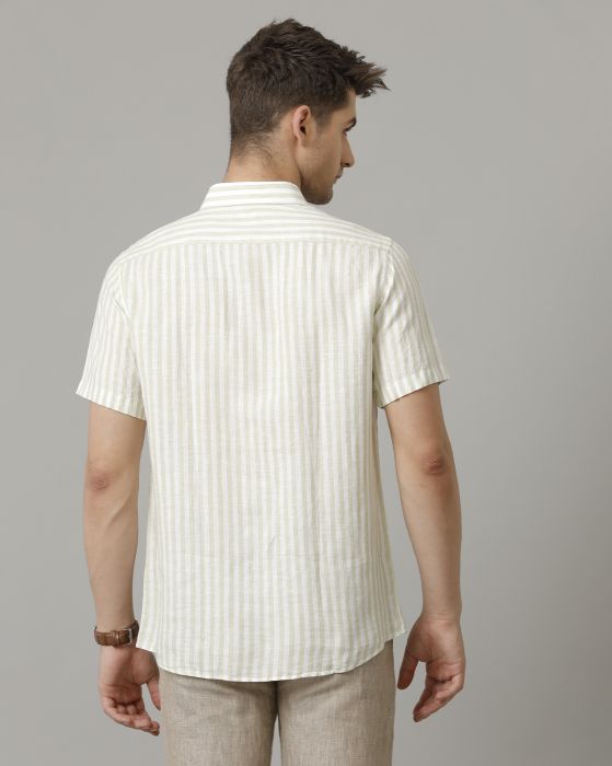 Linen Club Men's Pure Linen Beige Striped Contemporary fit Half Sleeve Casual Shirt