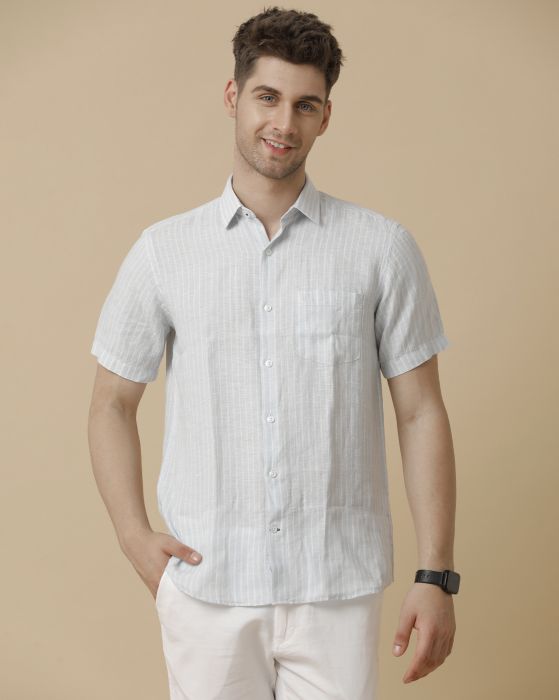 Linen Club Men's Pure Linen Blue Striped Contemporary fit Half Sleeve Casual Shirt
