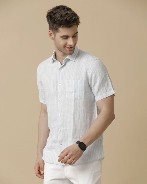 Linen Club Men's Pure Linen Blue Striped Contemporary fit Half Sleeve Casual Shirt