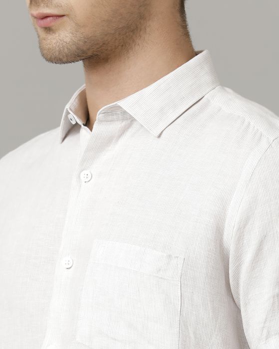 Linen Club Men's Pure Linen Beige Striped Contemporary fit Half Sleeve Casual Shirt