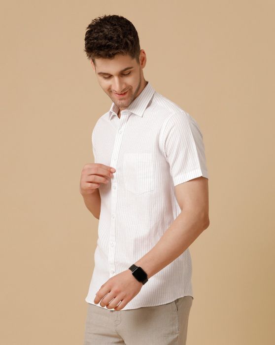 Linen Club Men's Linen Rich Brown Striped Contemporary fit Half Sleeve Casual Shirt