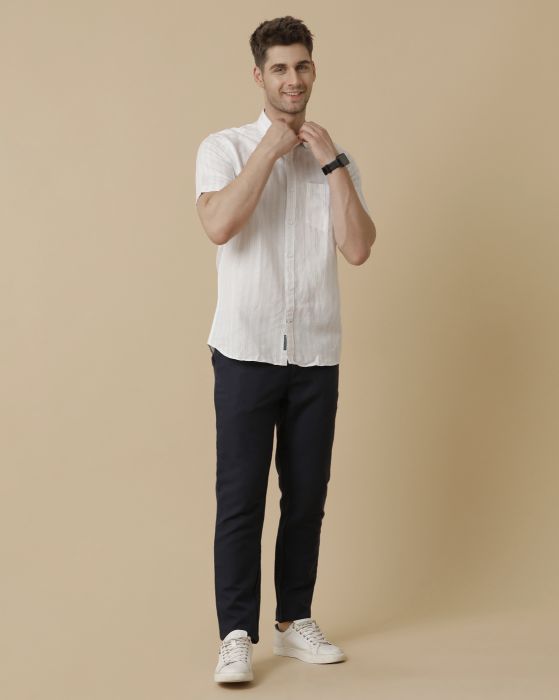 Linen Club Men's Linen Rich Blue Striped Contemporary fit Half Sleeve Casual Shirt