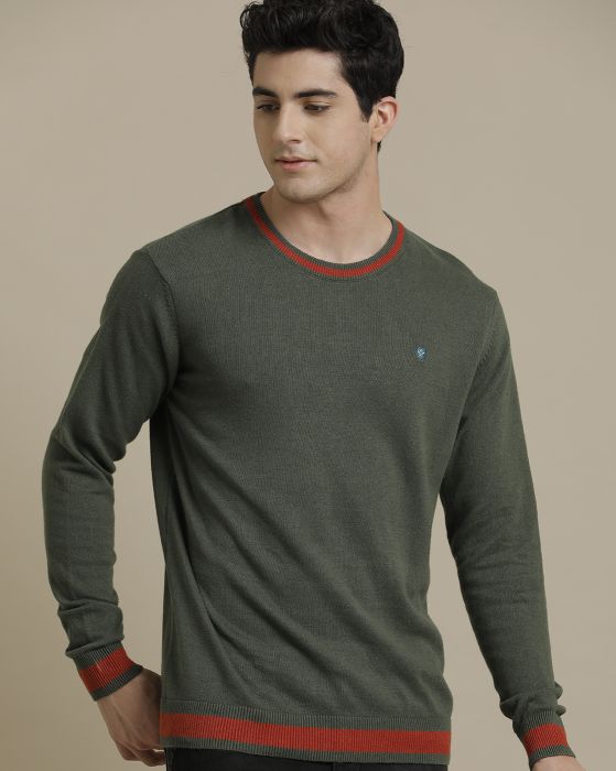 Linen Club Flat Knit Crew Neck Green Solid Full Sleeve T-shirt for Men