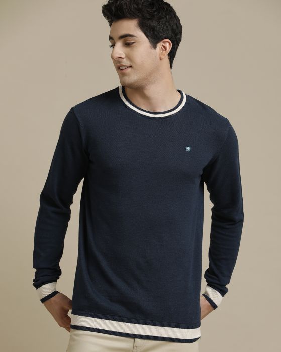 Linen Club Flat Knit Crew Neck Navy Blue Solid Full Sleeve T-shirt for Men