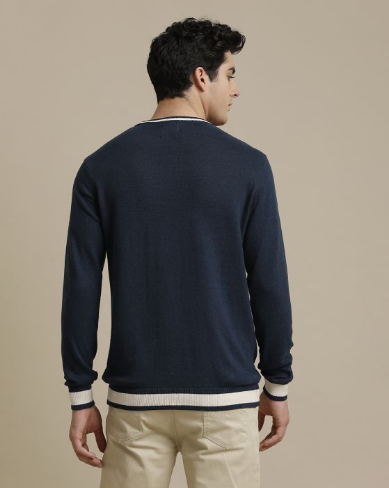 Linen Club Flat Knit Crew Neck Navy Blue Solid Full Sleeve T-shirt for Men