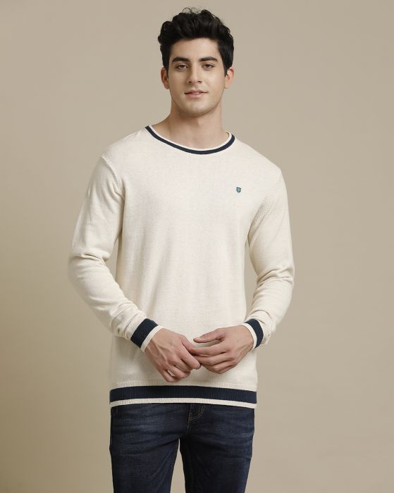 Linen Club Flat Knit Crew Neck Off White Solid Full Sleeve T-shirt for Men