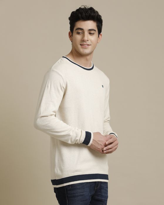 Linen Club Flat Knit Crew Neck Off White Solid Full Sleeve T-shirt for Men