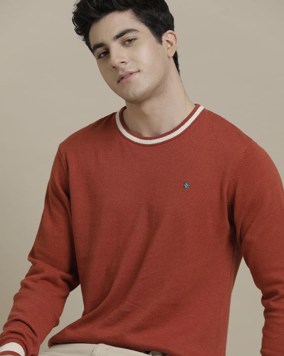 Linen Club Flat Knit Crew Neck Red Solid Full Sleeve T-shirt for Men