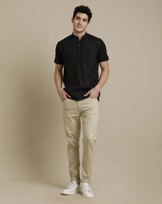 Linen Club Front Woven Back Knit Welt Pocket Black Solid Half Sleeve T-shirt for Men