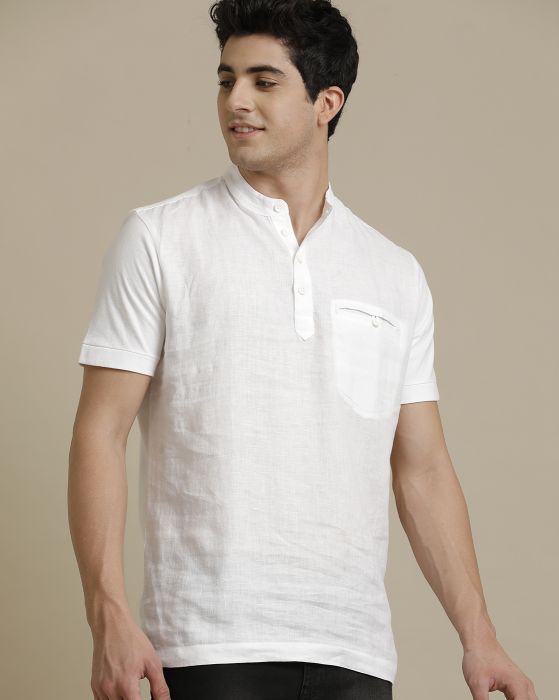 Linen Club Front Woven Back Knit Welt Pocket White Solid Half Sleeve T-shirt for Men