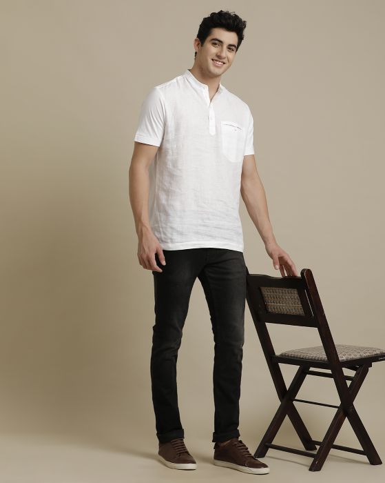 Linen Club Front Woven Back Knit Welt Pocket White Solid Half Sleeve T-shirt for Men