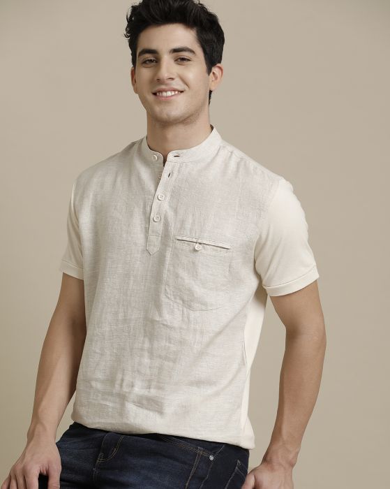Linen Club Front Woven Back Knit Welt Pocket Beige Solid Half Sleeve T-shirt for Men
