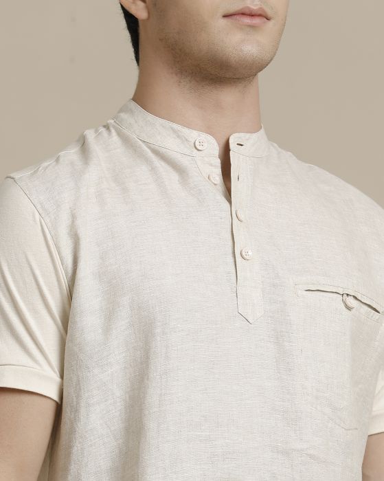 Linen Club Front Woven Back Knit Welt Pocket Beige Solid Half Sleeve T-shirt for Men