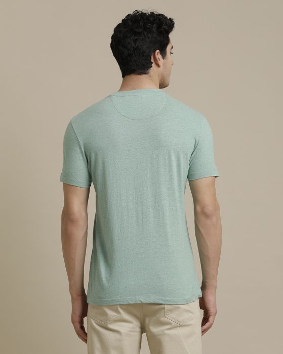 Linen Club Circular Knit Crew Neck Green Solid Half Sleeve T-shirt for Men