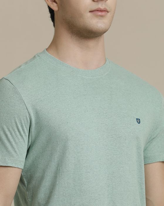 Linen Club Circular Knit Crew Neck Green Solid Half Sleeve T-shirt for Men