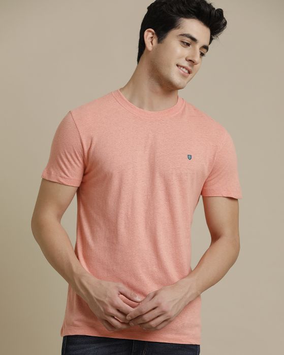 Linen Club Circular Knit Crew Neck Pink Solid Half Sleeve T-shirt for Men