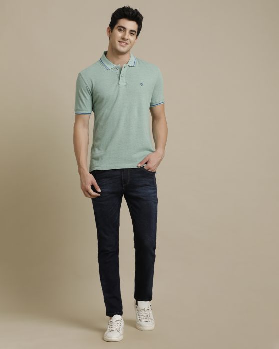 Linen Club Circular Knit Polo Neck Green Solid Half Sleeve T-shirt for Men