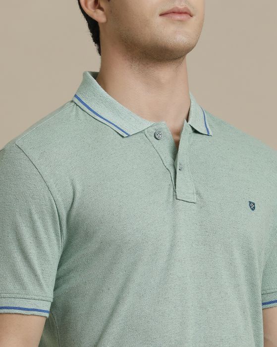 Linen Club Circular Knit Polo Neck Green Solid Half Sleeve T-shirt for Men