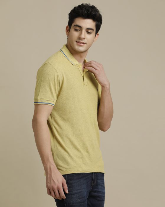 Linen Club Circular Knit Polo Neck Yellow Solid Half Sleeve T-shirt for Men