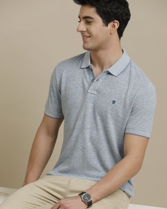 Linen Club Circular Knit Polo Neck Blue Solid Half Sleeve T-shirt for Men