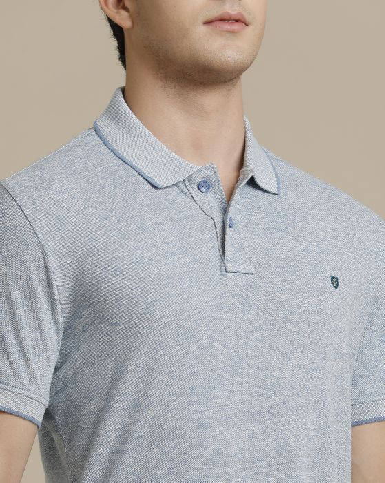 Linen Club Circular Knit Polo Neck Blue Solid Half Sleeve T-shirt for Men