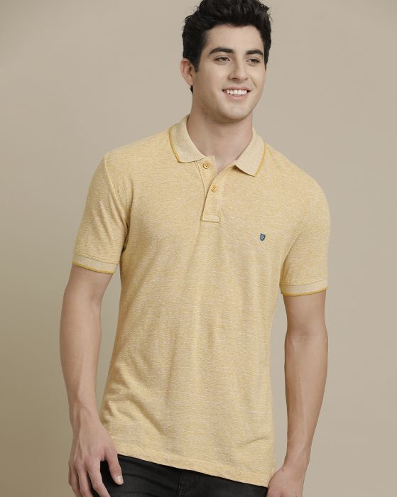 Linen Club Circular Knit Polo Neck Yellow Solid Half Sleeve T-shirt for Men