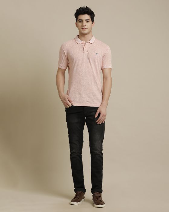 Linen Club Circular Knit Polo Neck Pink Solid Half Sleeve T-shirt for Men