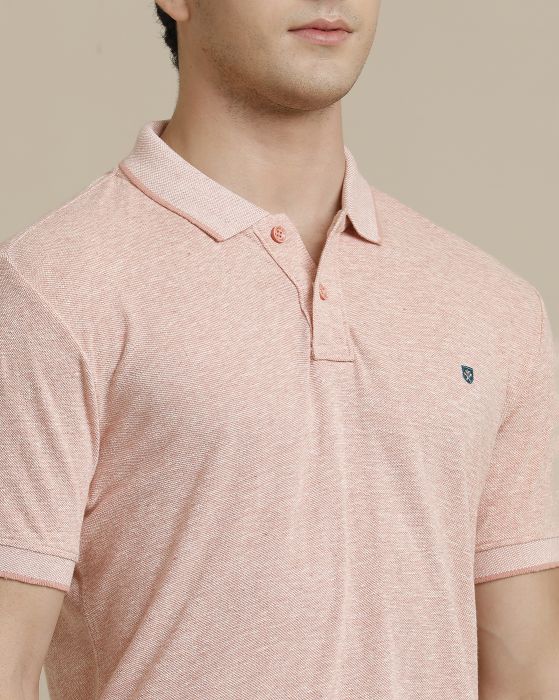 Linen Club Circular Knit Polo Neck Pink Solid Half Sleeve T-shirt for Men