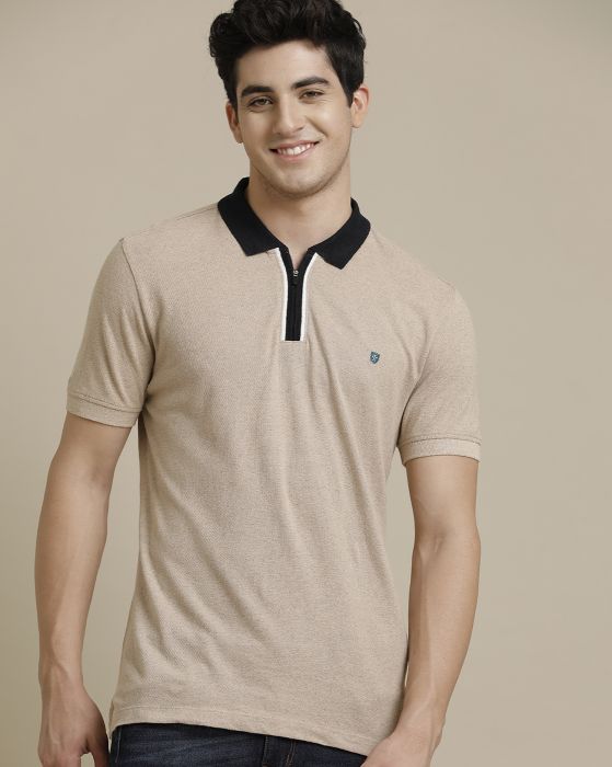 Linen Club Circular Knit Contrast Collar Polo Neck Beige Solid Half Sleeve T-shirt for Men