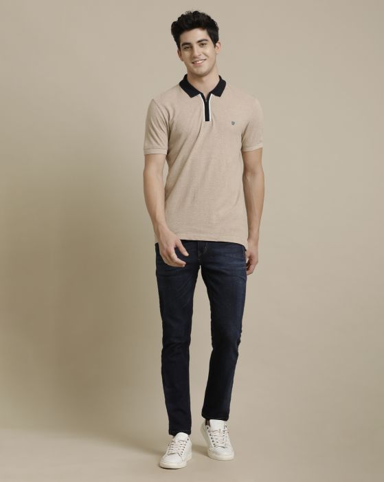 Linen Club Circular Knit Contrast Collar Polo Neck Beige Solid Half Sleeve T-shirt for Men