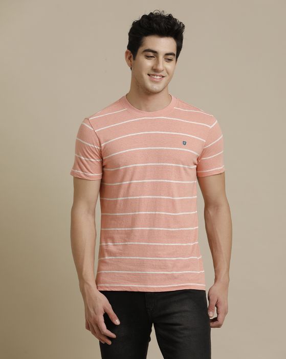 Linen Club Circular Knit Crew Neck Pink Striped Half Sleeve T-shirt for Men
