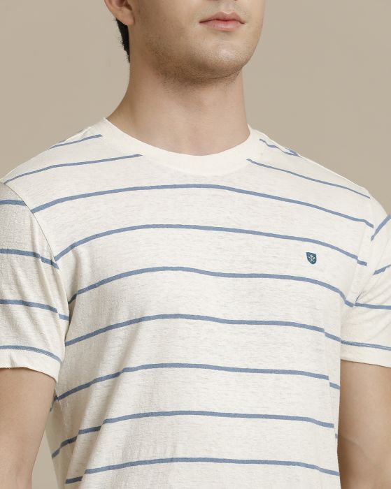 Linen Club Circular Knit Crew Neck Blue Striped Half Sleeve T-shirt for Men